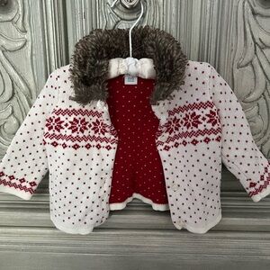 Janie and Jack Infant’s Faux Fur Collar Fair Isle Snowflake Sweater, 3-6 months